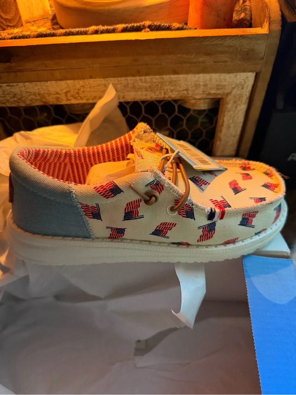 Hey Dude Kids Boat Shoes in Red, White and Blue Flag Print
